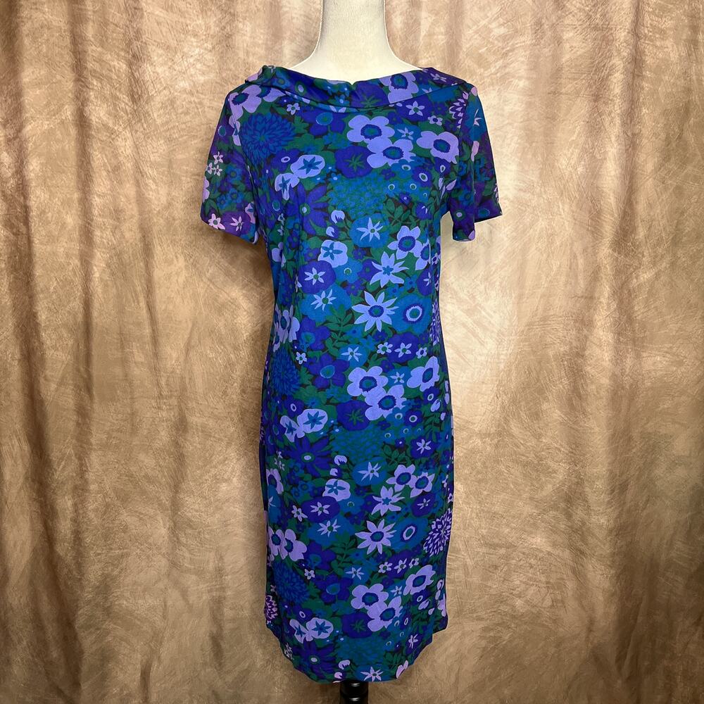 Vintage 60s Handmade Floral Print Cowl Neck Felt Shift Dress Multicolor Mod GoGo